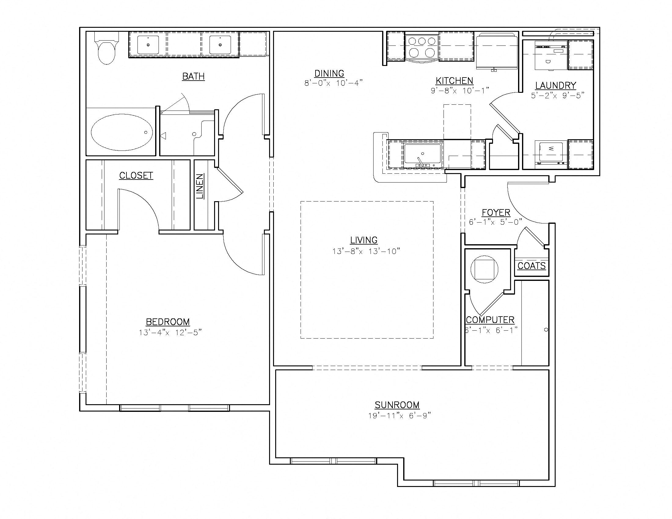 Floor plan for 1 bed, 1 bath, 1109 sqft